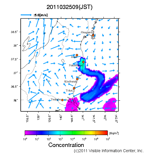 大気中濃度分布[Bq/m3]　2011032509