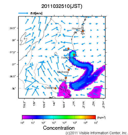 大気中濃度分布[Bq/m3]　2011032510