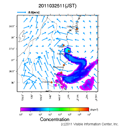 大気中濃度分布[Bq/m3]　2011032511