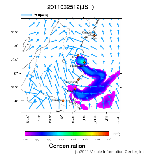 地表付近 大気中濃度分布[Bq/m3]　2011-03-25 12時