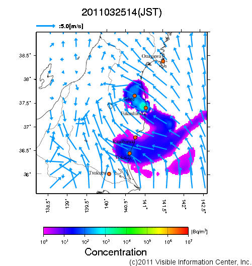 大気中濃度分布[Bq/m3]　2011032514