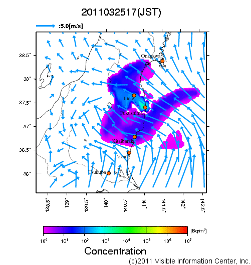 大気中濃度分布[Bq/m3]　2011032517