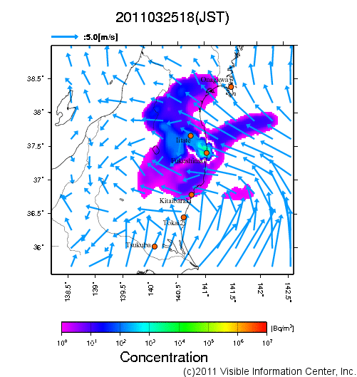 大気中濃度分布[Bq/m3]　2011032518