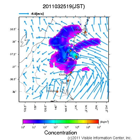 大気中濃度分布[Bq/m3]　2011032519