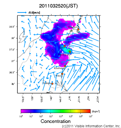 大気中濃度分布[Bq/m3]　2011032520