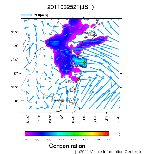 地表付近 大気中濃度分布[Bq/m3]　2011-03-25 21時