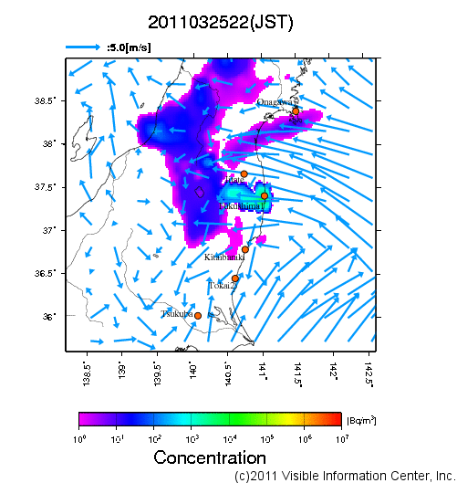 大気中濃度分布[Bq/m3]　2011032522