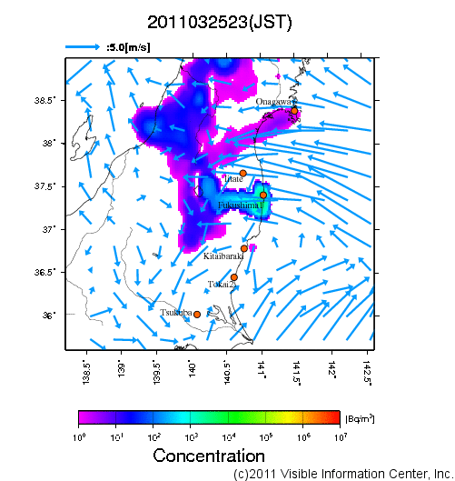 大気中濃度分布[Bq/m3]　2011032523