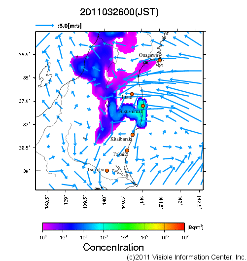 地表付近 大気中濃度分布[Bq/m3]　2011-03-26 00時