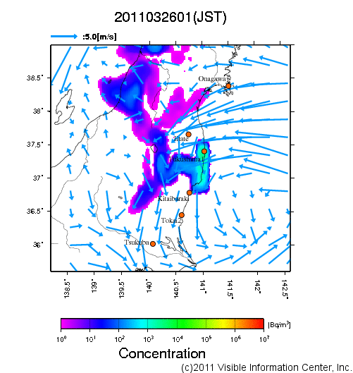 大気中濃度分布[Bq/m3]　2011032601