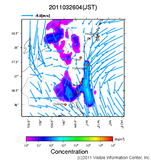 地表付近 大気中濃度分布[Bq/m3]　2011-03-26 04時