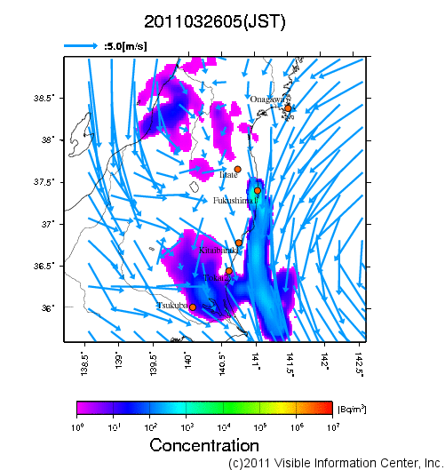 地表付近 大気中濃度分布[Bq/m3]　2011-03-26 05時