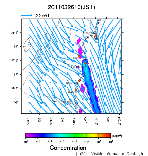 地表付近 大気中濃度分布[Bq/m3]　2011-03-26 10時