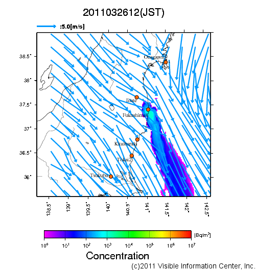 地表付近 大気中濃度分布[Bq/m3]　2011-03-26 12時