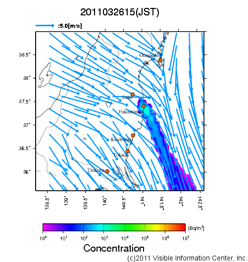 地表付近 大気中濃度分布[Bq/m3]　2011-03-26 15時