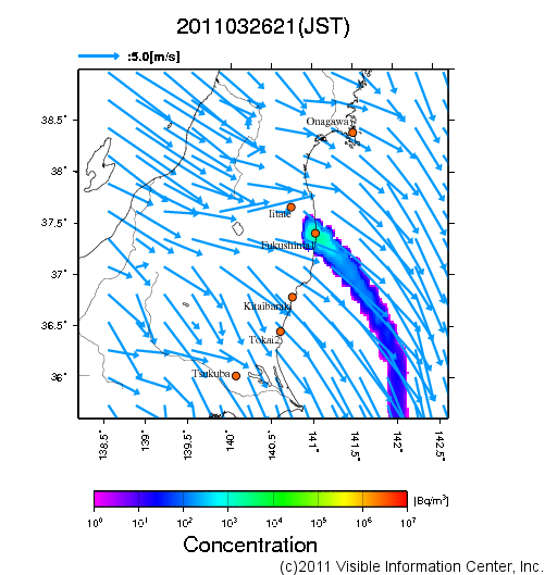 地表付近 大気中濃度分布[Bq/m3]　2011-03-26 21時