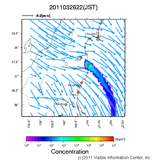 地表付近 大気中濃度分布[Bq/m3]　2011-03-26 22時