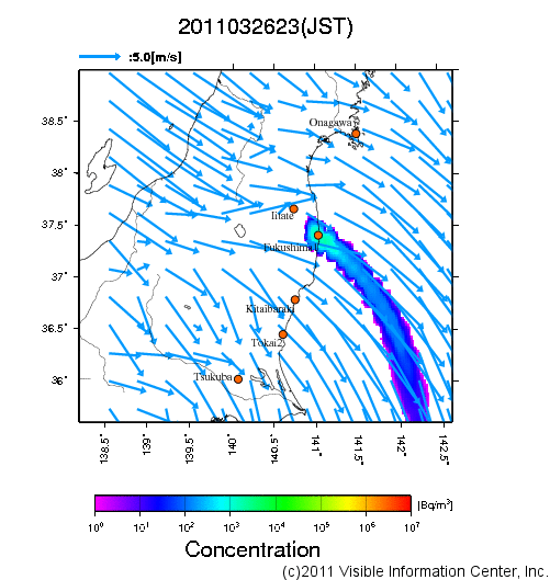 地表付近 大気中濃度分布[Bq/m3]　2011-03-26 23時