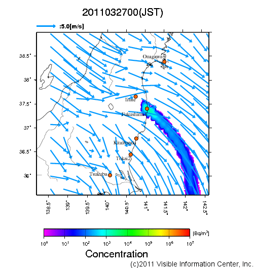 地表付近 大気中濃度分布[Bq/m3]　2011-03-27 00時