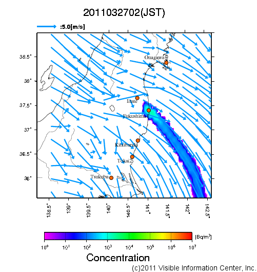 地表付近 大気中濃度分布[Bq/m3]　2011-03-27 02時