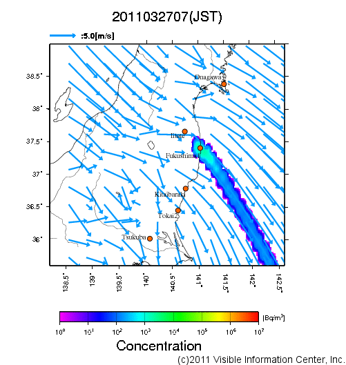 大気中濃度分布[Bq/m3]　2011032707
