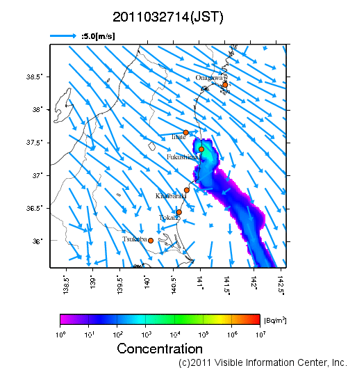 大気中濃度分布[Bq/m3]　2011032714