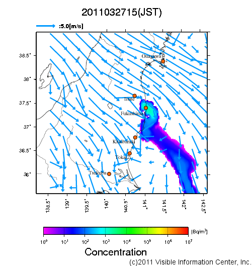 大気中濃度分布[Bq/m3]　2011032715