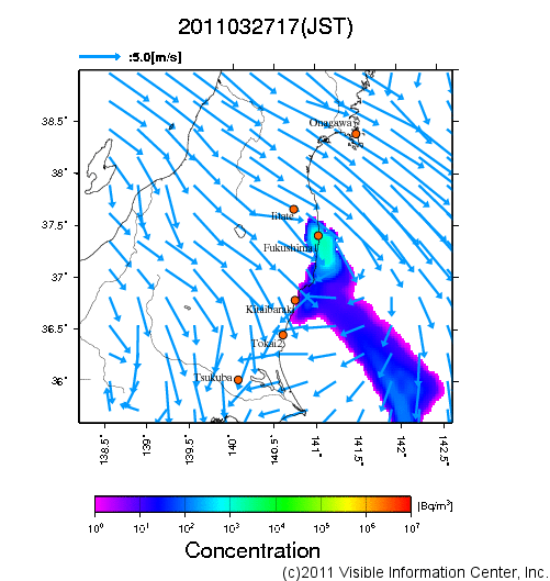 大気中濃度分布[Bq/m3]　2011032717