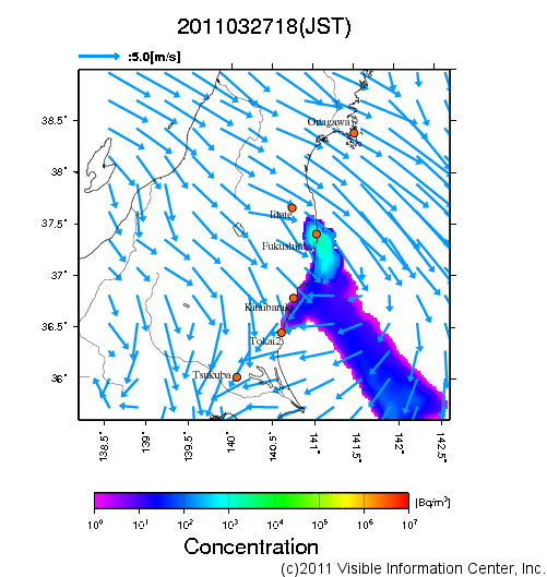 大気中濃度分布[Bq/m3]　2011032718