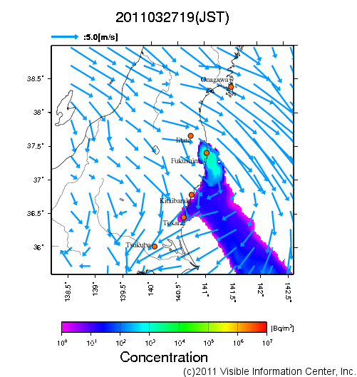 大気中濃度分布[Bq/m3]　2011032719