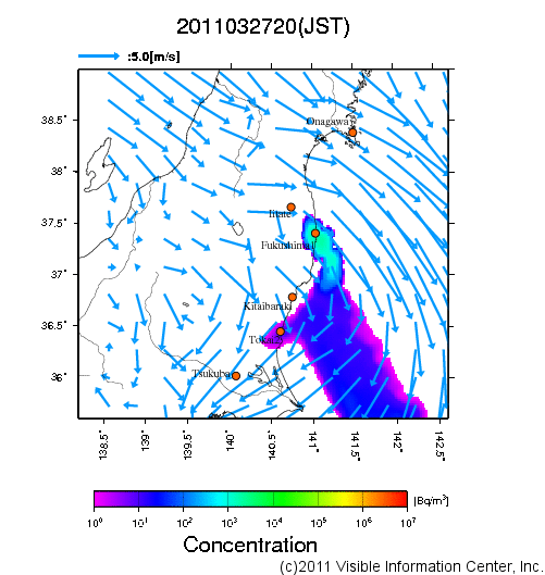 地表付近 大気中濃度分布[Bq/m3]　2011-03-27 20時