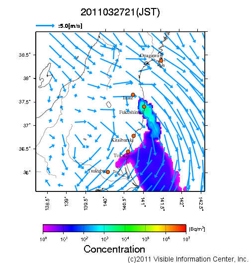 地表付近 大気中濃度分布[Bq/m3]　2011-03-27 21時