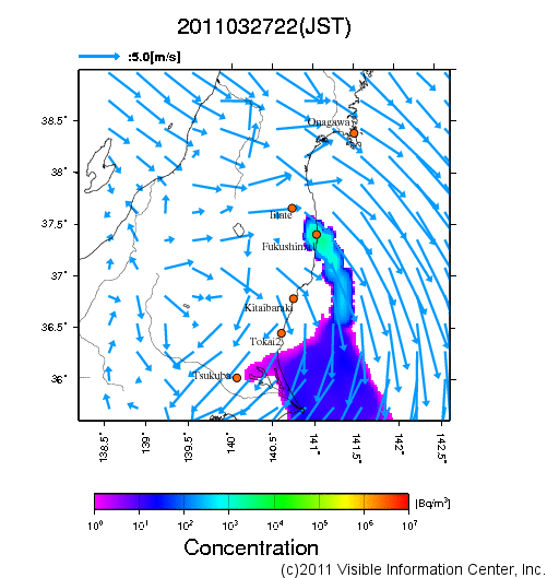 地表付近 大気中濃度分布[Bq/m3]　2011-03-27 22時