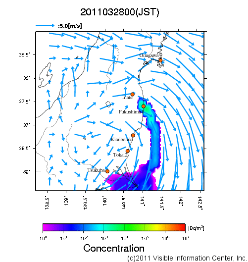 地表付近 大気中濃度分布[Bq/m3]　2011-03-28 00時