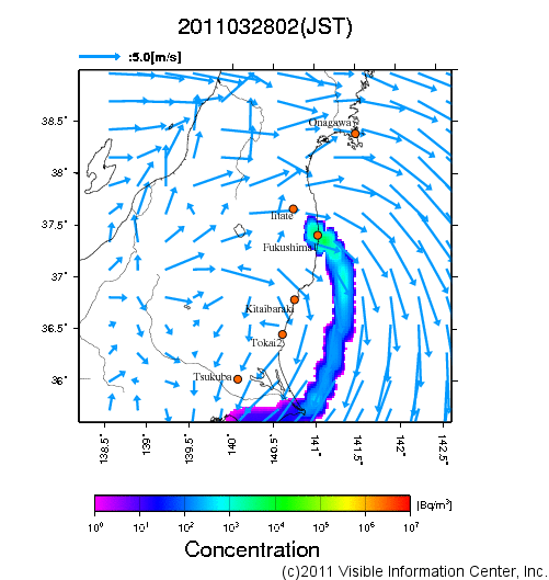 地表付近 大気中濃度分布[Bq/m3]　2011-03-28 02時