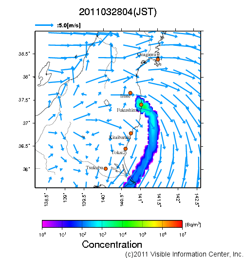 地表付近 大気中濃度分布[Bq/m3]　2011-03-28 04時