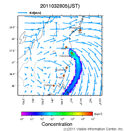 地表付近 大気中濃度分布[Bq/m3]　2011-03-28 05時