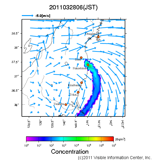 地表付近 大気中濃度分布[Bq/m3]　2011-03-28 06時