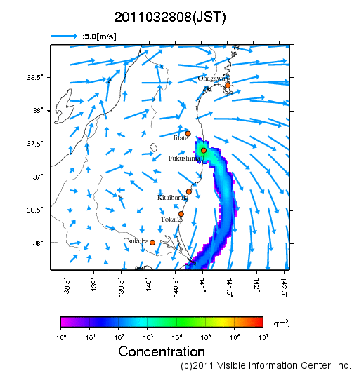 地表付近 大気中濃度分布[Bq/m3]　2011-03-28 08時