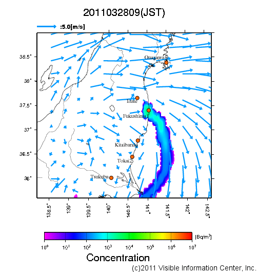 地表付近 大気中濃度分布[Bq/m3]　2011-03-28 09時