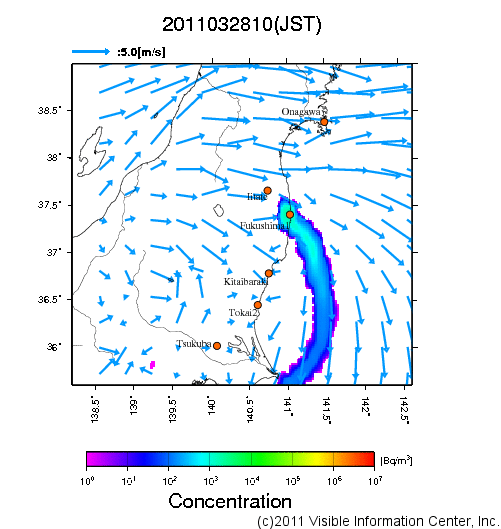 地表付近 大気中濃度分布[Bq/m3]　2011-03-28 10時