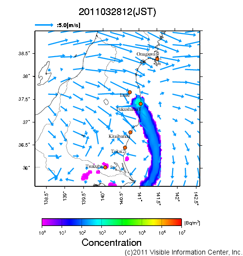 地表付近 大気中濃度分布[Bq/m3]　2011-03-28 12時