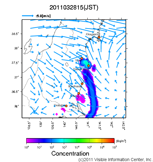 地表付近 大気中濃度分布[Bq/m3]　2011-03-28 15時