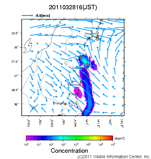 大気中濃度分布[Bq/m3]　2011032816