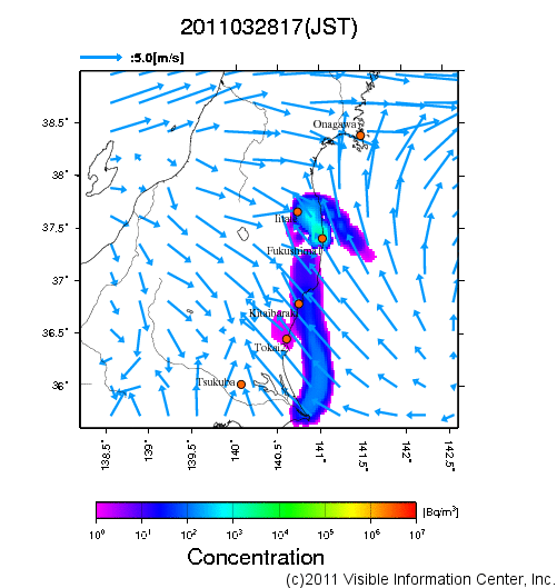 大気中濃度分布[Bq/m3]　2011032817