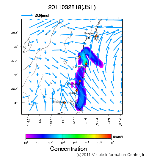 大気中濃度分布[Bq/m3]　2011032818