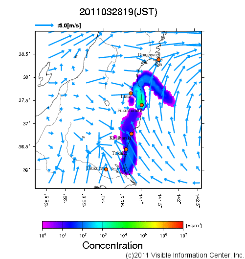 大気中濃度分布[Bq/m3]　2011032819