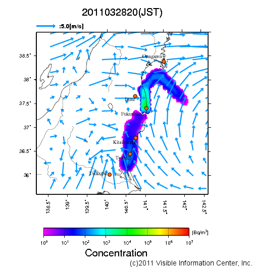 地表付近 大気中濃度分布[Bq/m3]　2011-03-28 20時