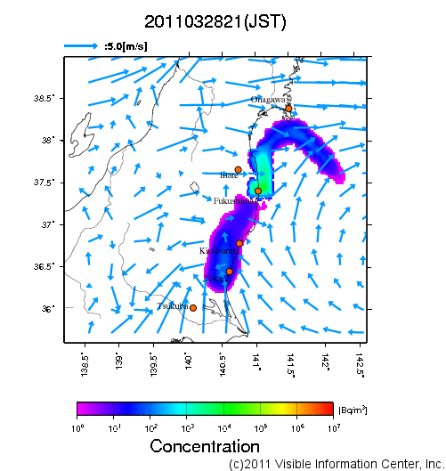 大気中濃度分布[Bq/m3]　2011032821