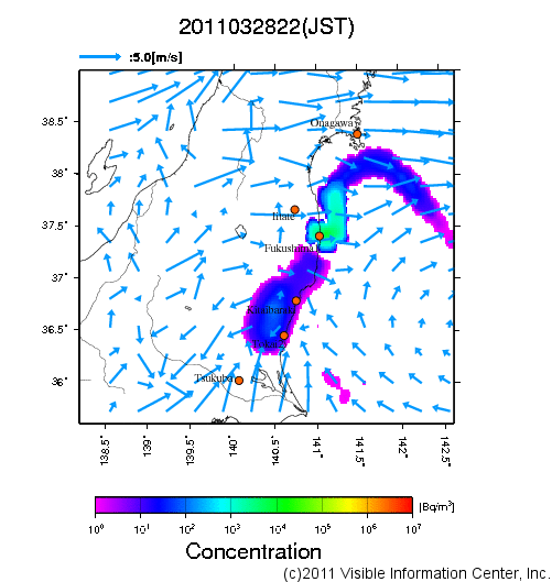 大気中濃度分布[Bq/m3]　2011032822